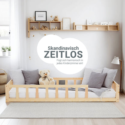 Kinderbett 90x200 Natur | Bodenbett mit Lattenrost | mit Rausfallschutz | Montessori
