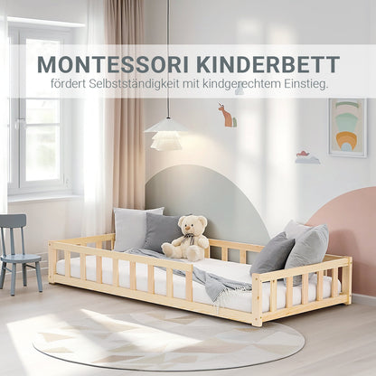 Kinderbett 90x200 Natur | Bodenbett mit Lattenrost | mit Rausfallschutz | Montessori
