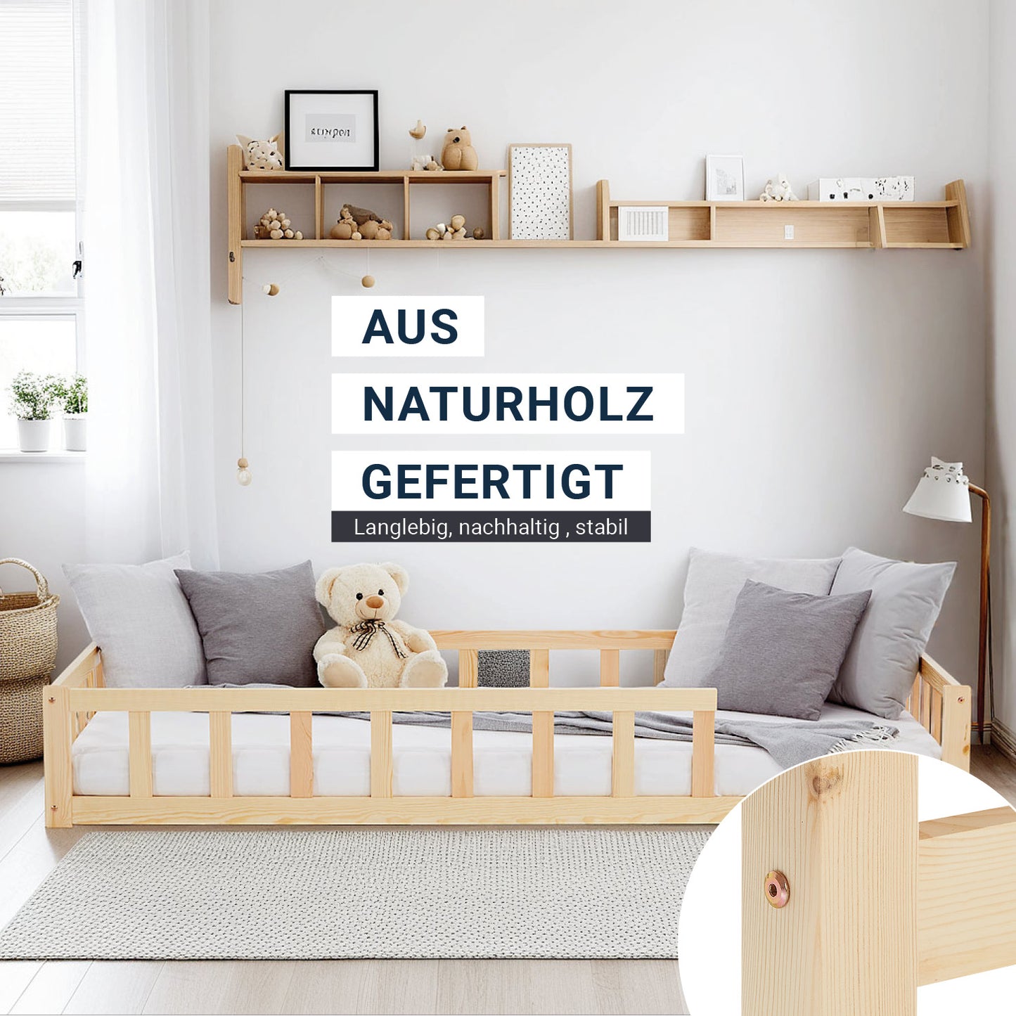 Kinderbett 90x200 Natur | Bodenbett mit Lattenrost | mit Rausfallschutz | Montessori