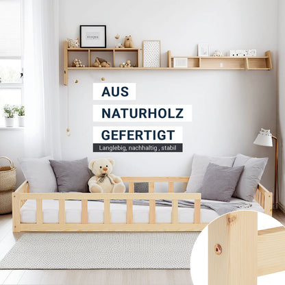 Kinderbett 90x200 Natur | Bodenbett mit Lattenrost | mit Rausfallschutz | Montessori