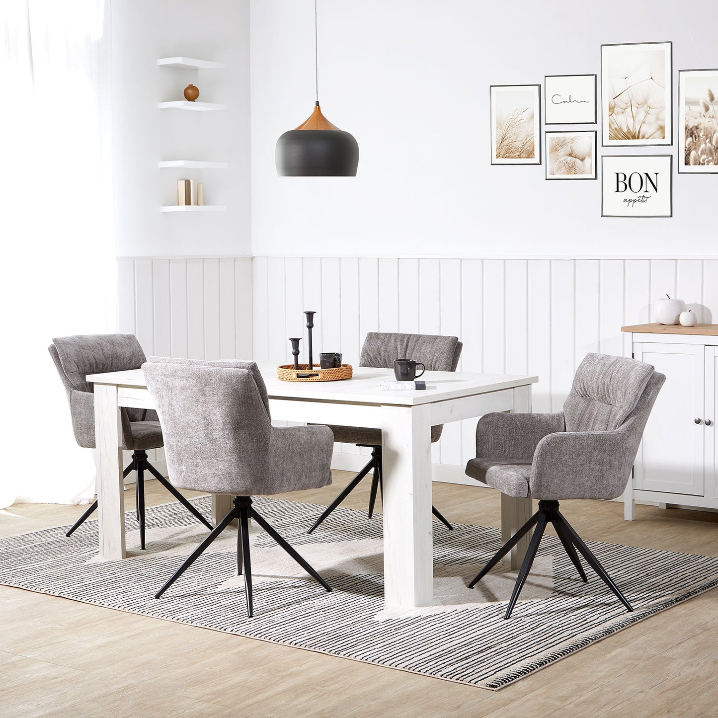 Polsterstuhl Leinen Grau | 4er Set | drehbar | mit Armlehnen | Küche Esszimmer Büro