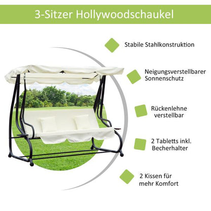 Hollywoodschaukel 3-Sitzer Liegefunktion Stahl Beige 200x120x164cm