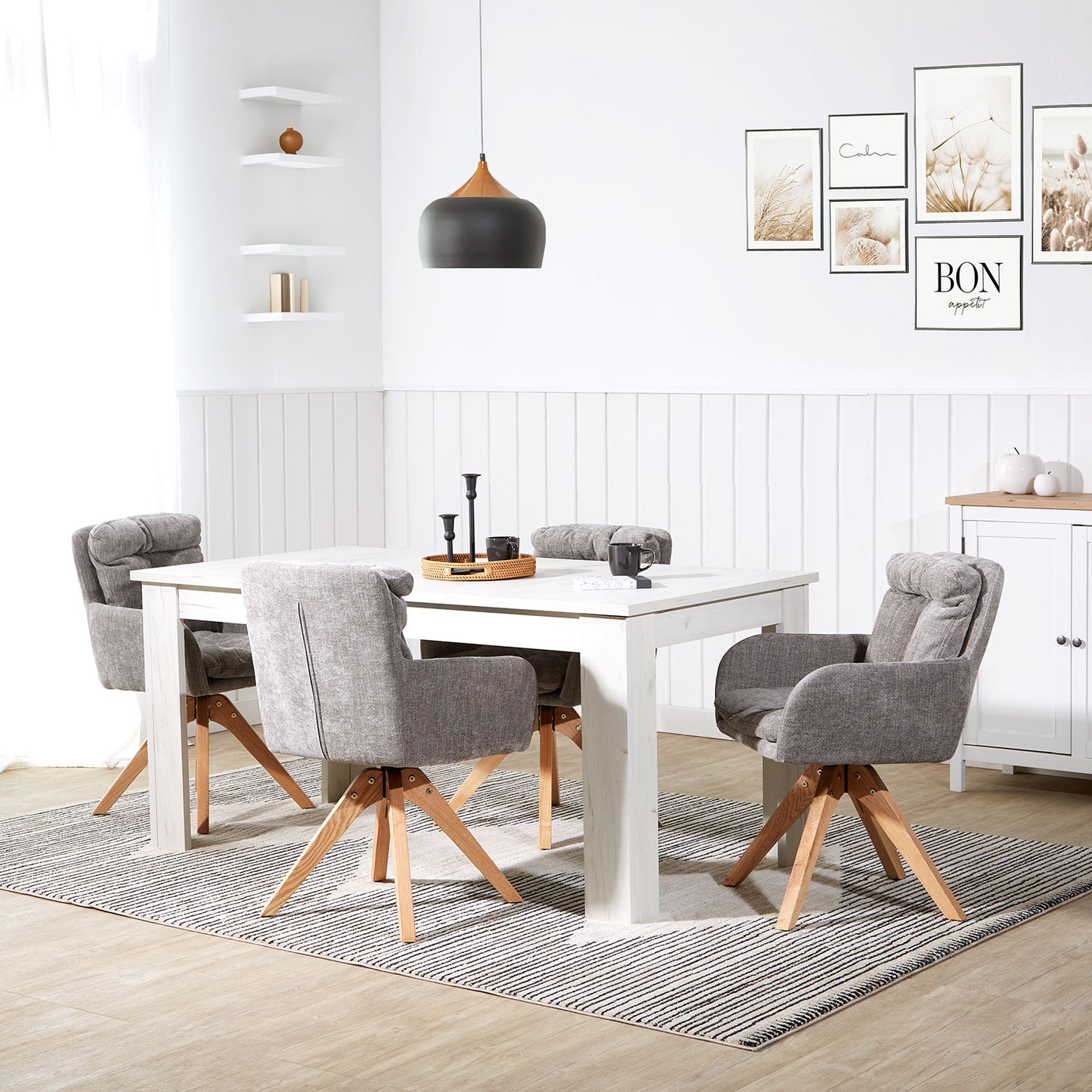 Polsterstuhl Leinen Grau mit Sitzkissen | 4er Set | drehbar | mit Armlehnen | Küche Esszimmer Büro