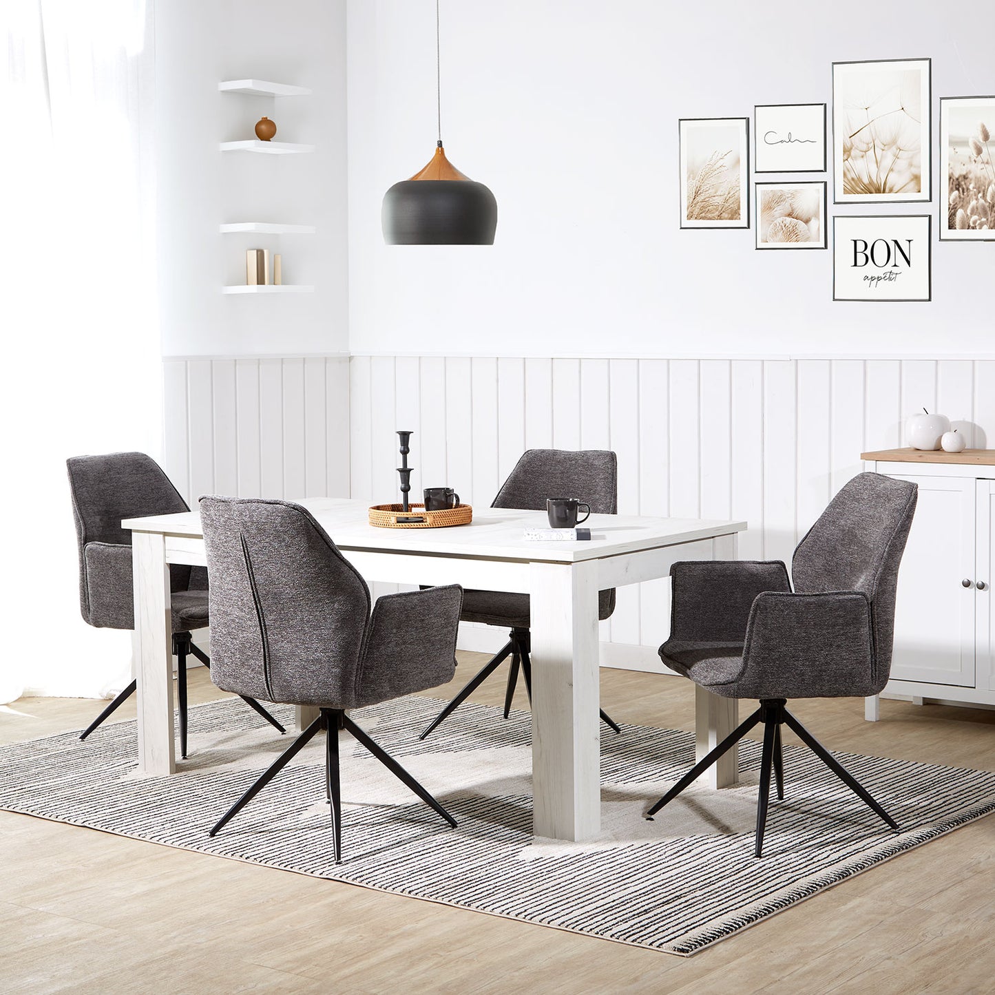 Polsterstuhl Chenille Wolle Grau | 2er Set | drehbar | mit Armlehnen | Küche Esszimmer Büro