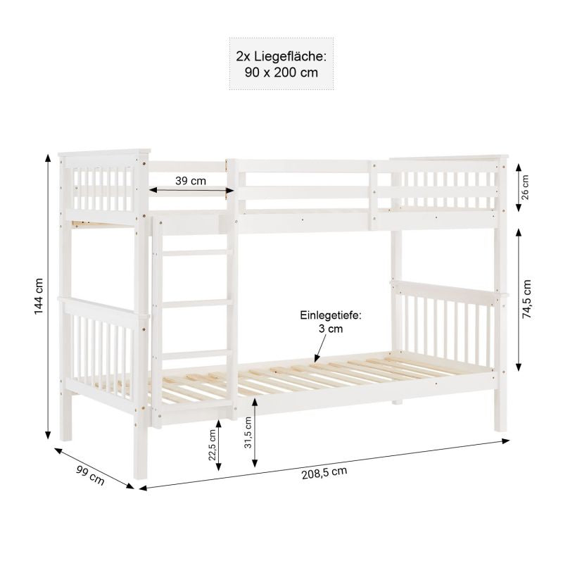 Etagenbett 90x200 cm mit Matratze & Lattenrost umbaubar Weiss - Palo24