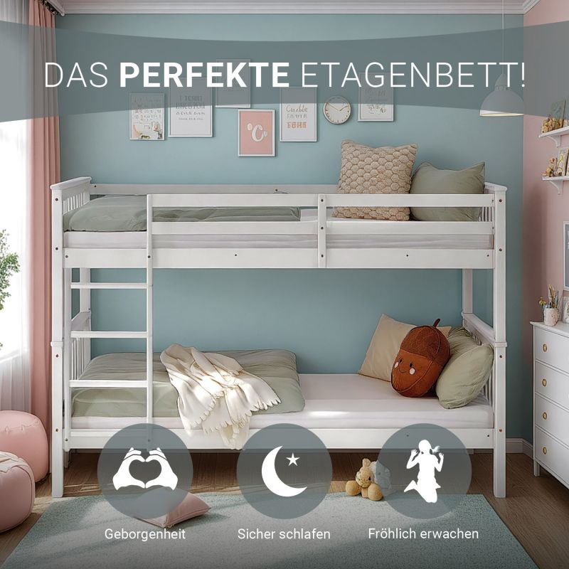 Etagenbett 90x200 cm mit Matratze & Lattenrost umbaubar Weiss - Palo24