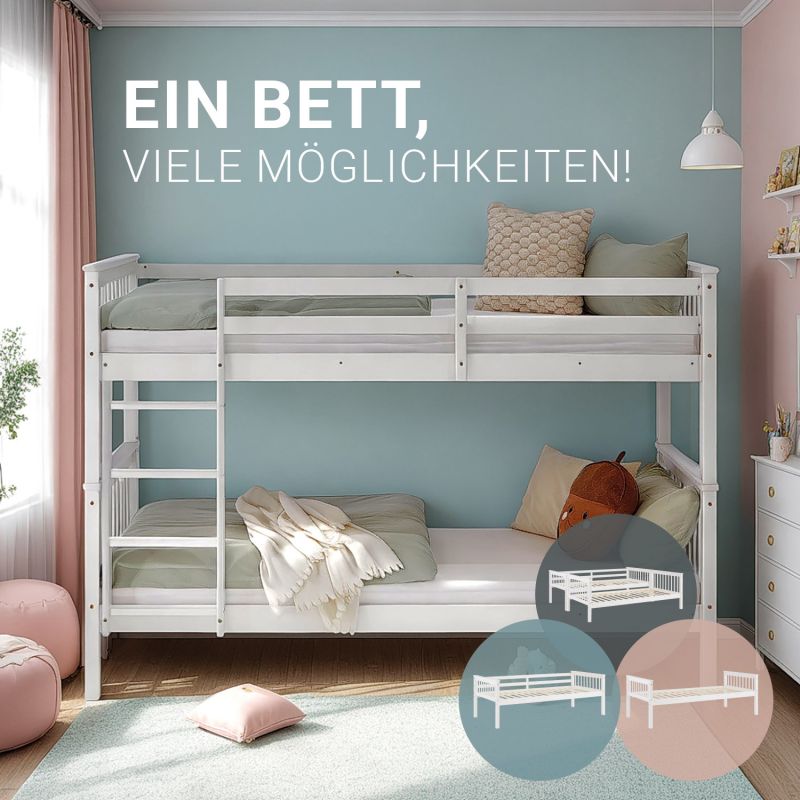 Etagenbett 90x200 cm mit Matratze & Lattenrost umbaubar Weiss - Palo24
