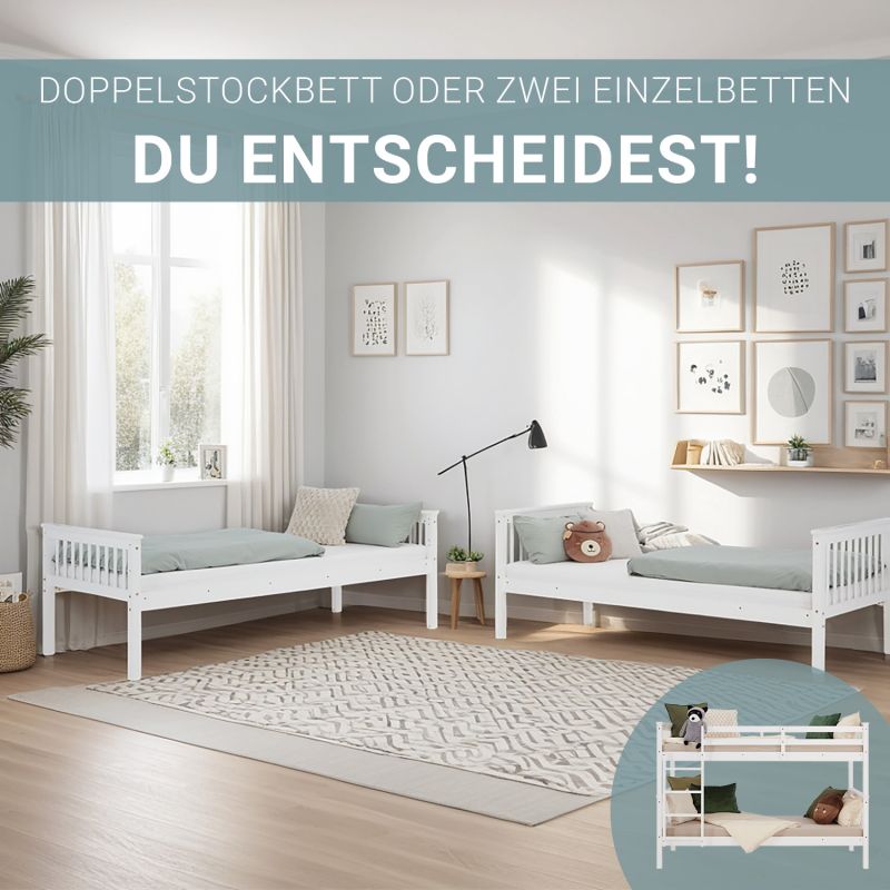 Etagenbett 90x200 cm mit Matratze & Lattenrost umbaubar Weiss - Palo24