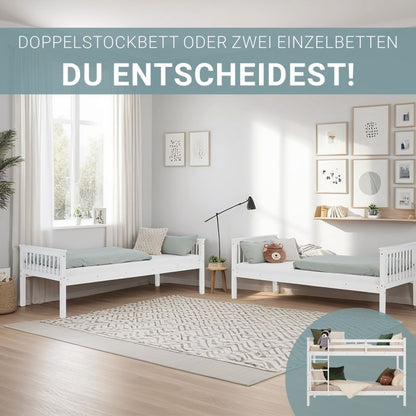 Etagenbett 90x200 cm mit Matratze & Lattenrost umbaubar Weiss - Palo24