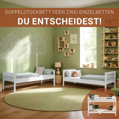 Etagenbett 90x200 cm mit Matratze & Lattenrost umbaubar Weiss - Palo24