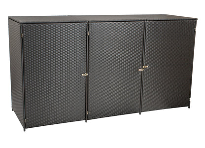 Mülltonnenbox Stahl + Polyrattan mocca, 189x66x109cm, für 3 Tonnen bis 120 Liter
