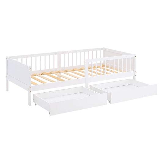 Kinderbett 90x200 cm Weiss Natur | Holzbett mit 2 Bettkästen | Einzelbett | mit Lattenrost | Rausfallschutz