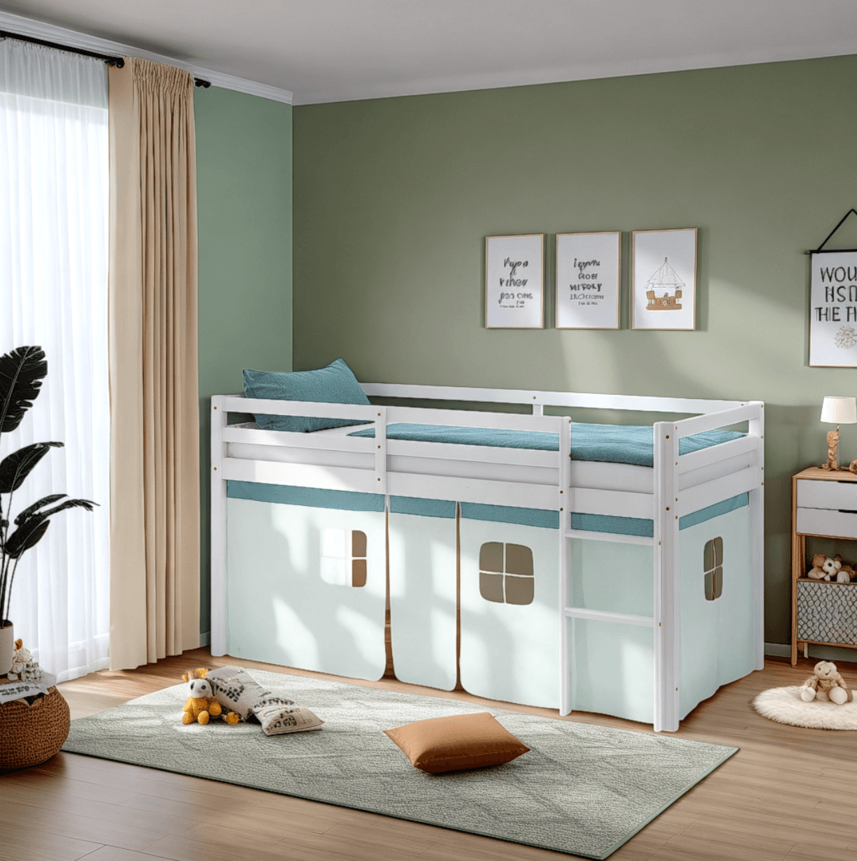 Hochbett Kinderbett 90x200 cm Vorhang Grün Mintgrün Leiter Holz Massiv Weiss - Palo24