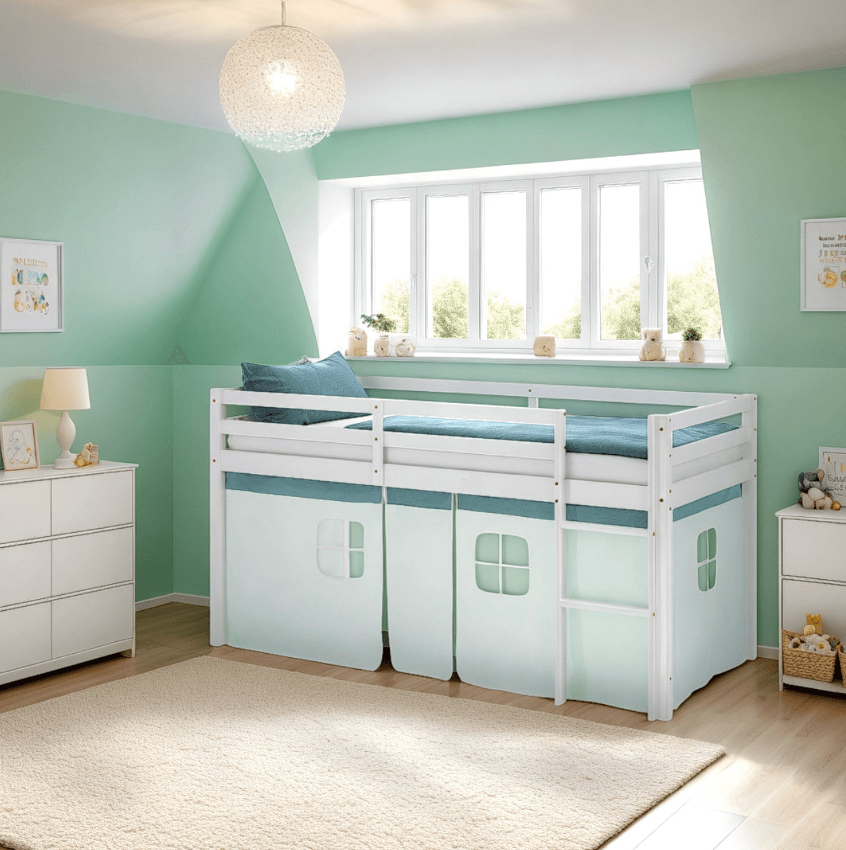 Hochbett Kinderbett 90x200 cm Vorhang Grün Mintgrün Leiter Holz Massiv Weiss - Palo24