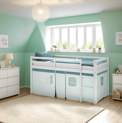 Hochbett Kinderbett 90x200 cm Vorhang Grün Mintgrün Leiter Holz Massiv Weiss - Palo24
