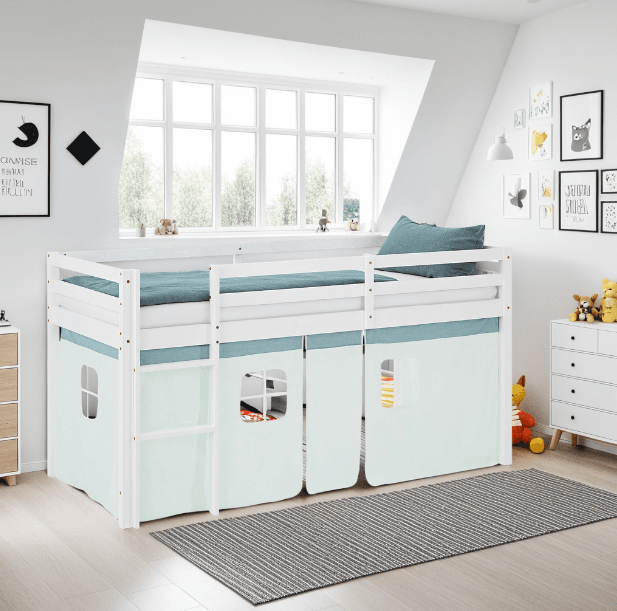 Hochbett Kinderbett 90x200 cm Vorhang Grün Mintgrün Leiter Holz Massiv Weiss - Palo24