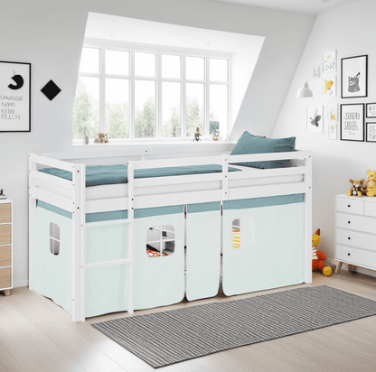 Hochbett Kinderbett 90x200 cm Vorhang Grün Mintgrün Leiter Holz Massiv Weiss - Palo24