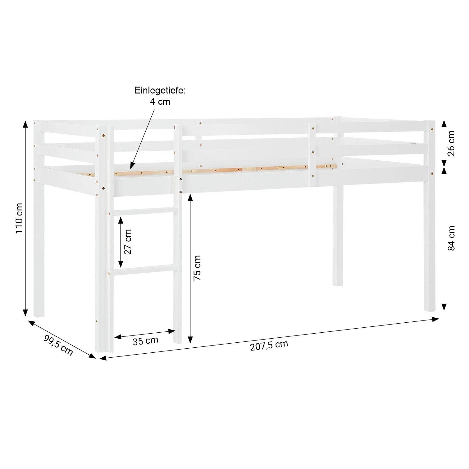 Hochbett Kinderbett 90x200 cm Vorhang Grün Mintgrün Leiter Holz Massiv Weiss - Palo24