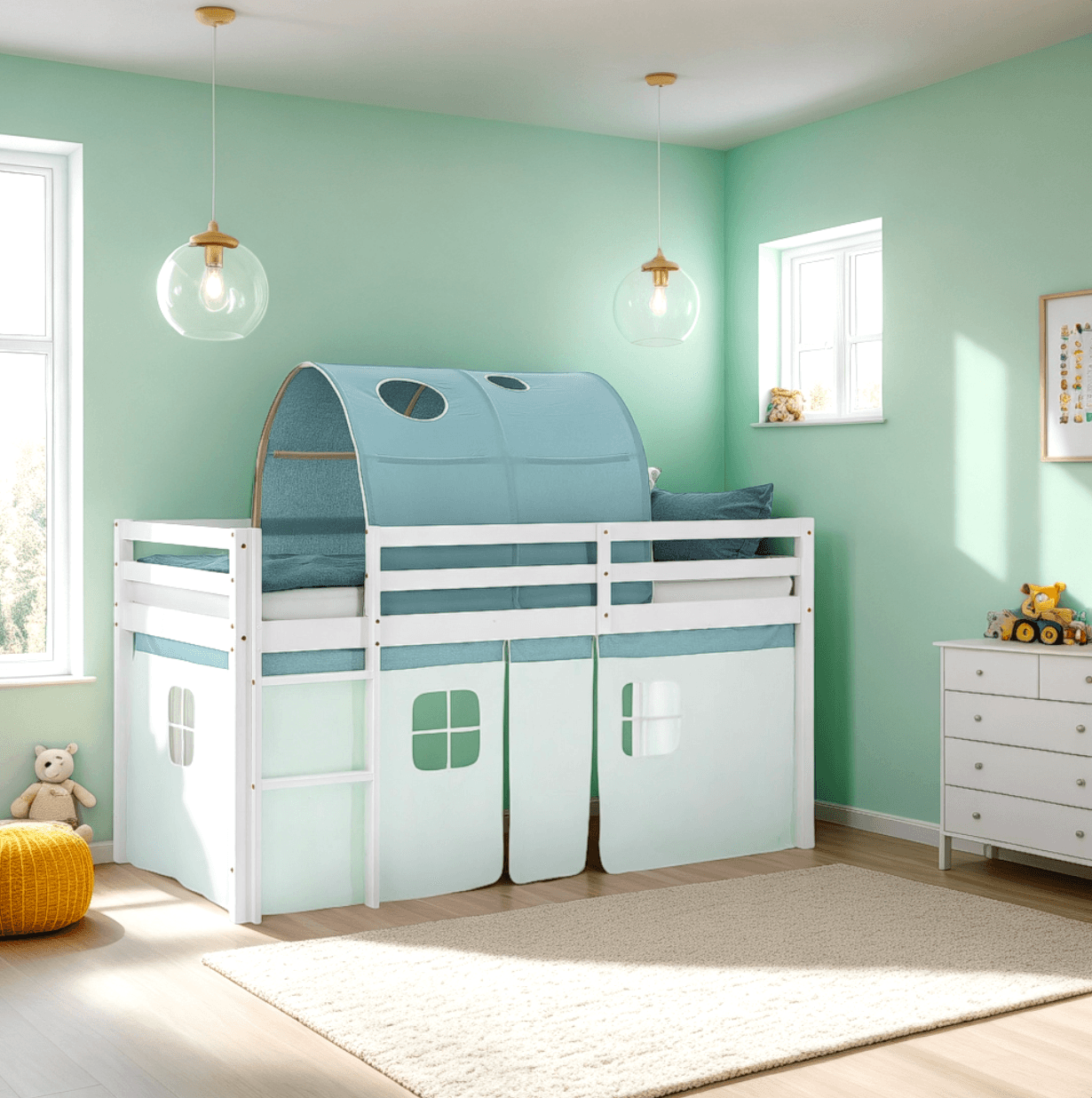 Hochbett Kinderbett 90x200 cm Stockbett Tunnel Vorhang Grün Mintgrün Leiter Weiss - Palo24