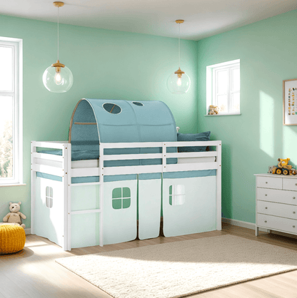 Hochbett Kinderbett 90x200 cm Stockbett Tunnel Vorhang Grün Mintgrün Leiter Weiss - Palo24