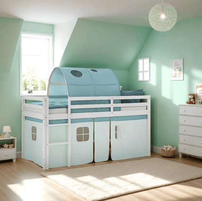 Hochbett Kinderbett 90x200 cm mit Lattenrost Tunnel Vorhang Grün Mintgrün Weiss - Palo24