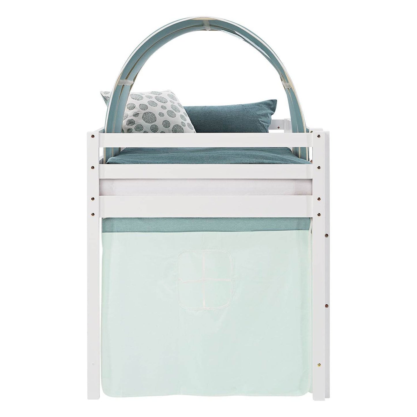 Hochbett Kinderbett 90x200 cm Stockbett Tunnel Vorhang Grün Mintgrün Leiter Weiss - Palo24