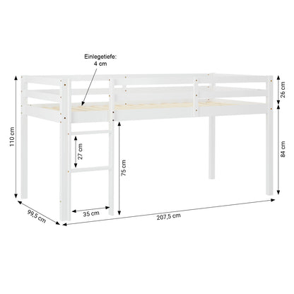 Hochbett Kinder 90x200 cm Weiss mit Vorhang in Lila Beige | mit Lattenrost