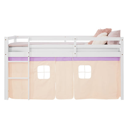 Hochbett Kinder 90x200 cm Weiss mit Vorhang in Lila Beige | mit Lattenrost