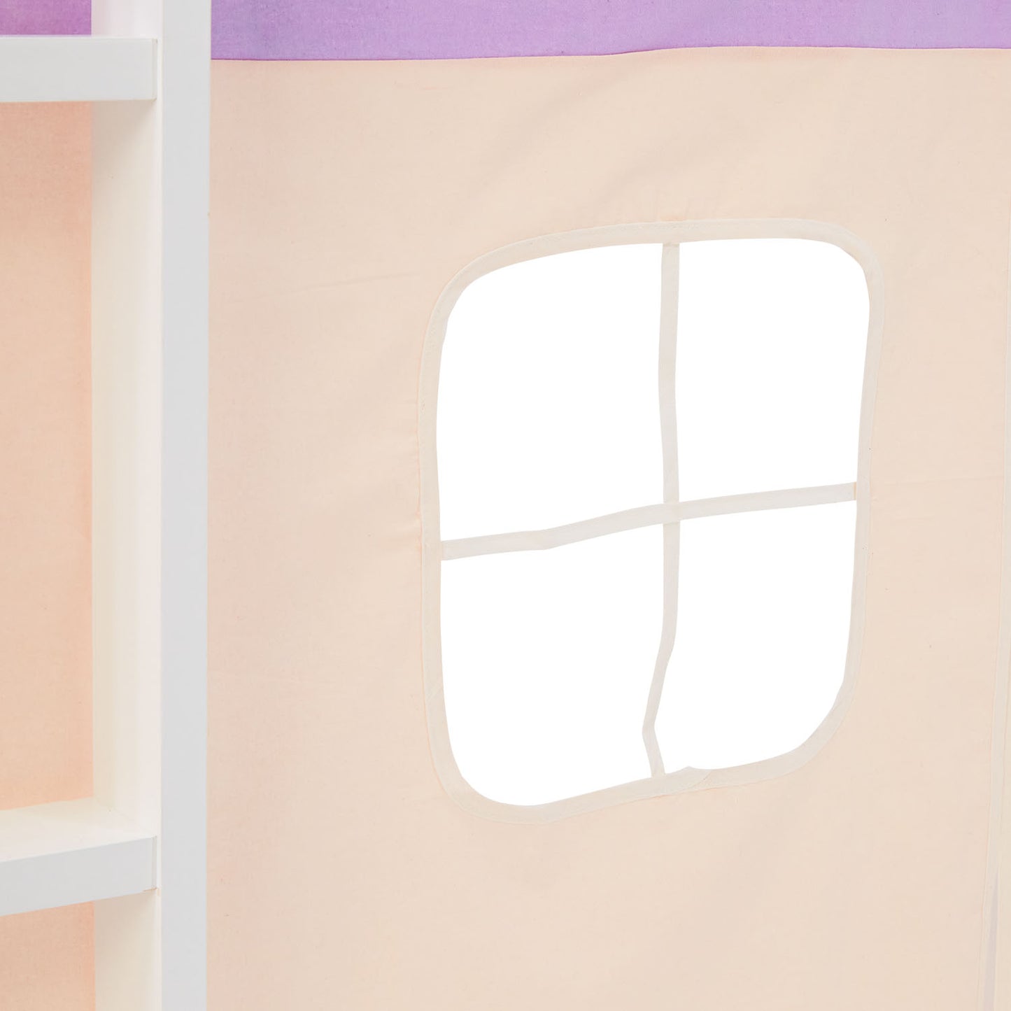 Hochbett Kinder 90x200 cm Weiss mit Vorhang in Lila Beige | mit Lattenrost