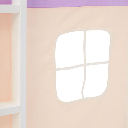 Hochbett Kinder 90x200 cm Weiss mit Vorhang in Lila Beige | mit Lattenrost
