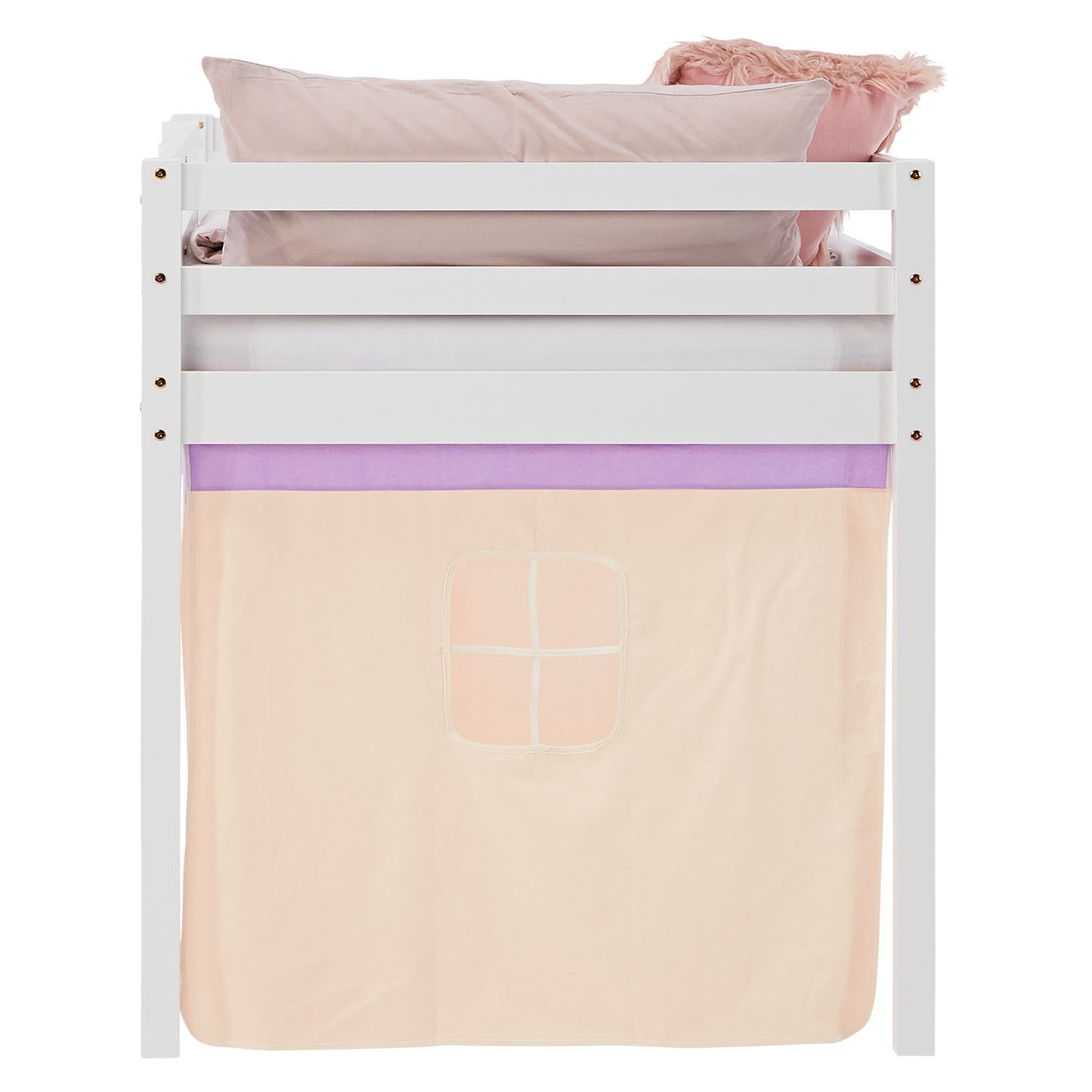 Hochbett Kinder 90x200 cm Weiss mit Vorhang in Lila Beige | mit Lattenrost