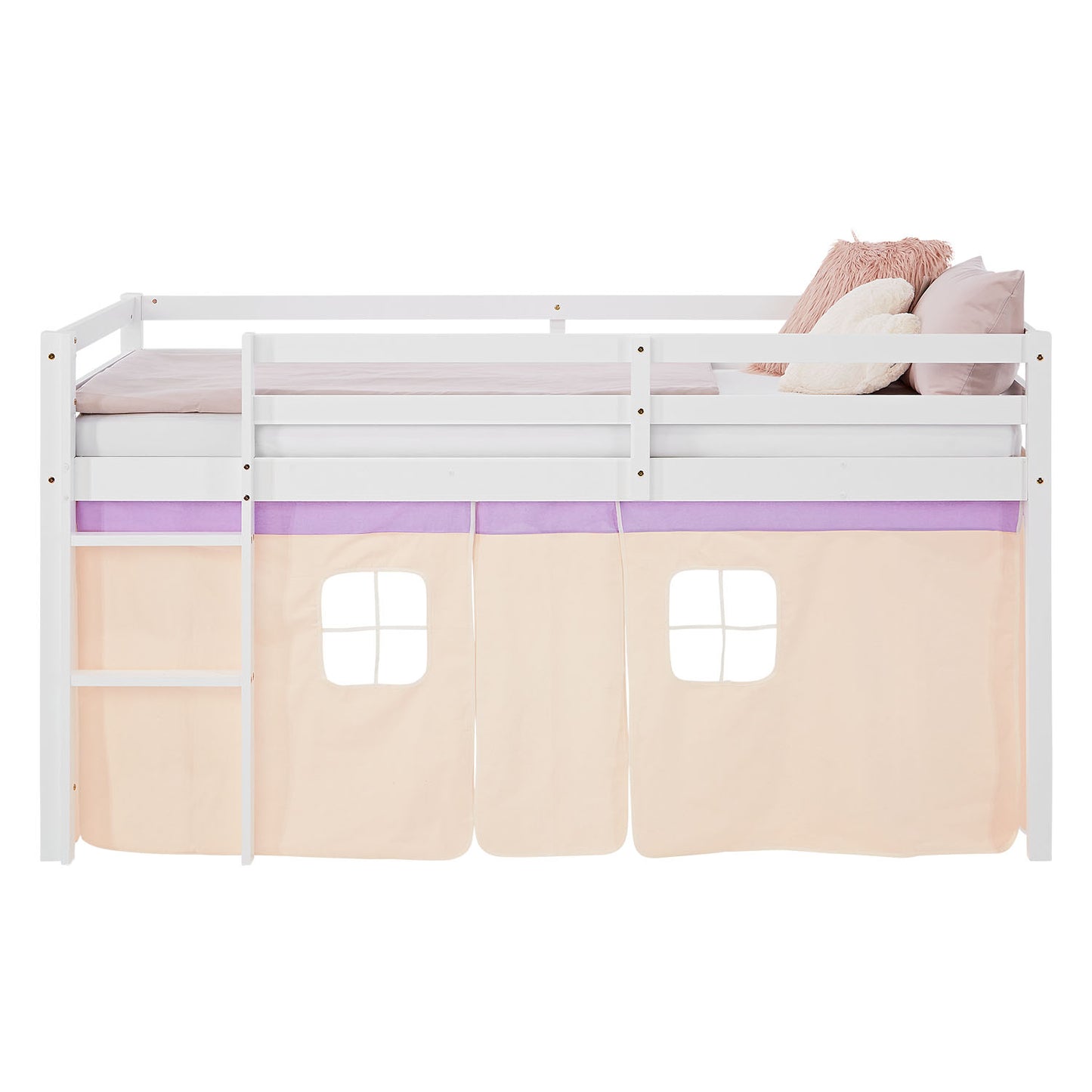 Hochbett Kinder 90x200 cm Weiss mit Vorhang in Lila Beige | mit Lattenrost