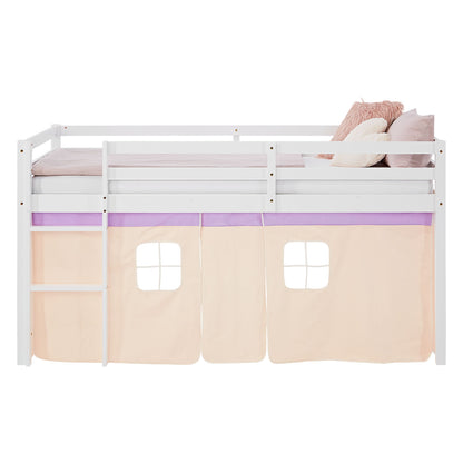 Hochbett Kinder 90x200 cm Weiss mit Vorhang in Lila Beige | mit Lattenrost