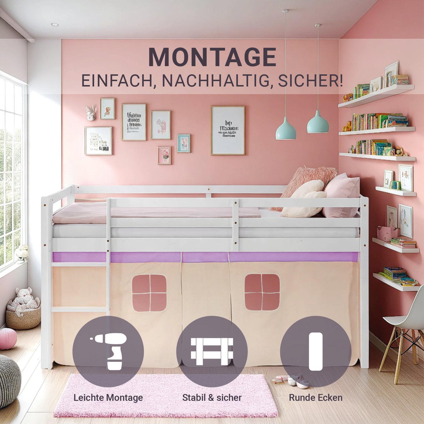 Hochbett Kinder 90x200 cm Weiss mit Vorhang in Lila Beige | mit Lattenrost