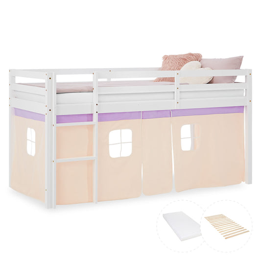 Hochbett Kinder 90x200 cm Weiss mit Vorhang in Lila Beige | mit Lattenrost und Matratze