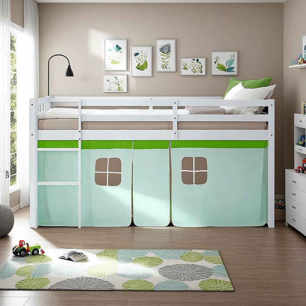 Hochbett Kinder 90x200 cm Weiss mit Vorhang in Grün | ohne Lattenrost