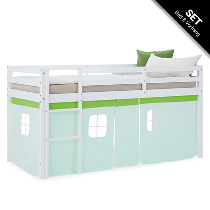 Hochbett Kinder 90x200 cm Weiss mit Vorhang in Grün | ohne Lattenrost