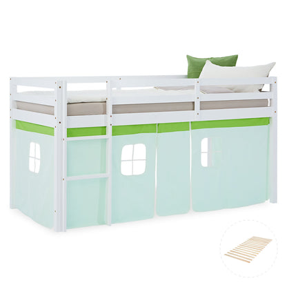 Hochbett Kinder 90x200 cm Weiss mit Vorhang in Grün | mit Lattenrost