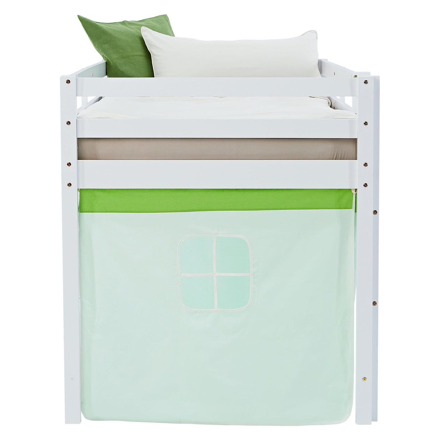 Hochbett Kinder 90x200 cm Weiss mit Vorhang in Grün | mit Lattenrost