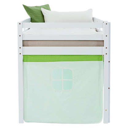 Hochbett Kinder 90x200 cm Weiss mit Vorhang in Grün | mit Lattenrost