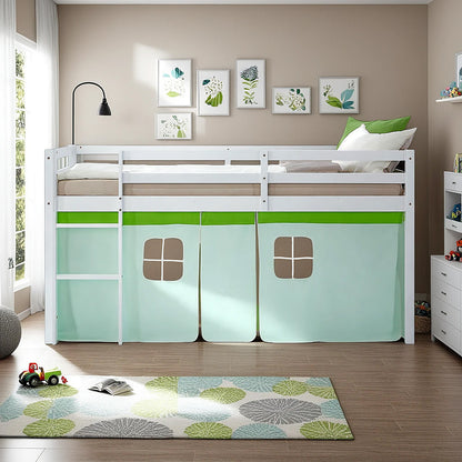 Hochbett Kinder 90x200 cm Weiss mit Vorhang in Grün | mit Lattenrost