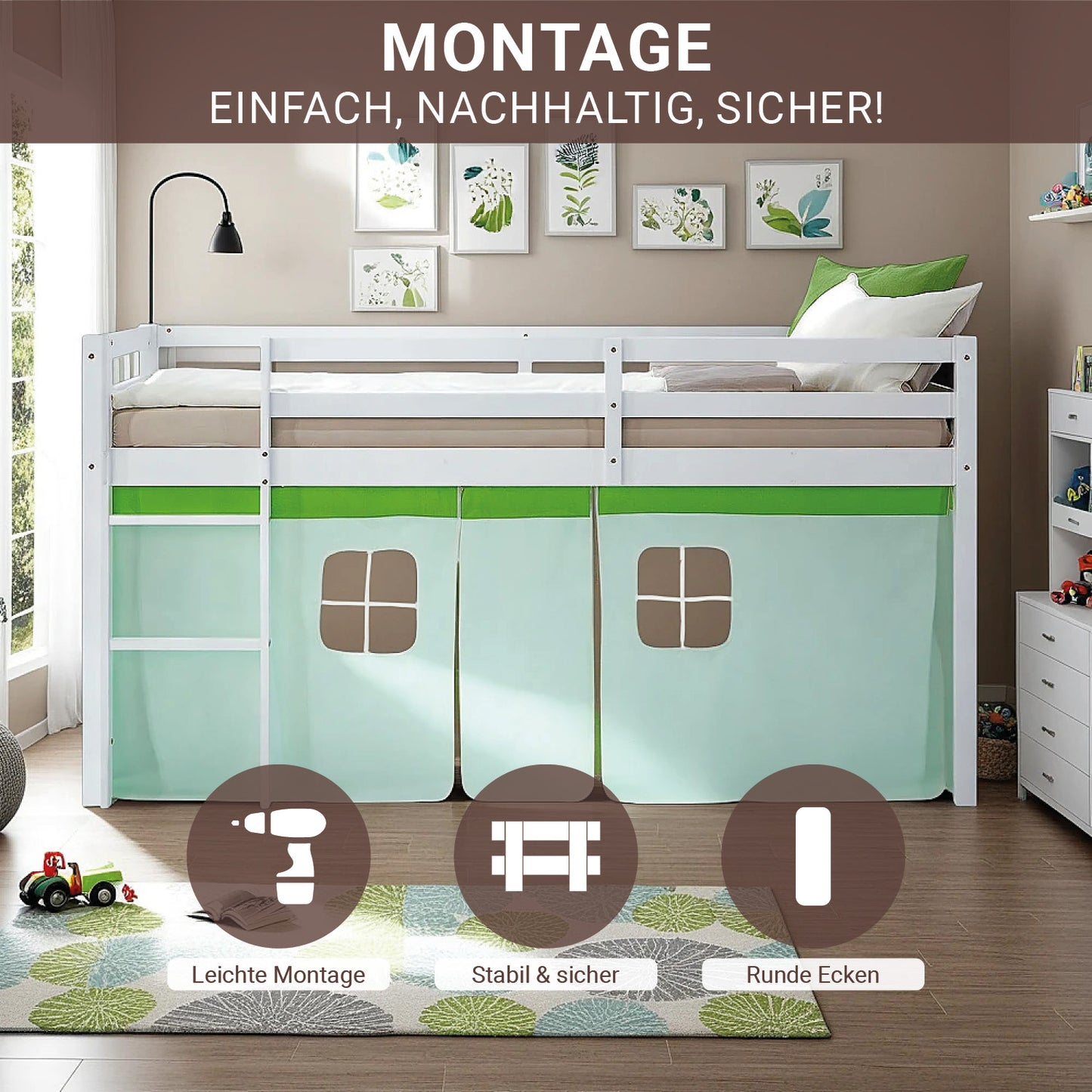 Hochbett Kinder 90x200 cm Weiss mit Vorhang in Grün | mit Lattenrost