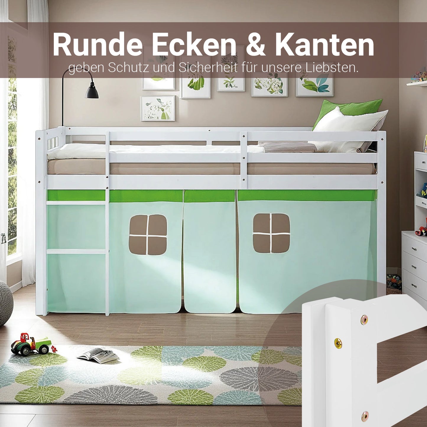 Hochbett Kinder 90x200 cm Weiss mit Vorhang in Grün | mit Lattenrost
