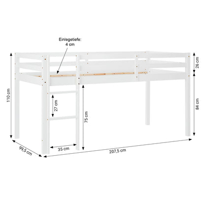 Hochbett Kinder 90x200 cm Weiss mit Vorhang in Grün | Tunnel | mit Lattenrost