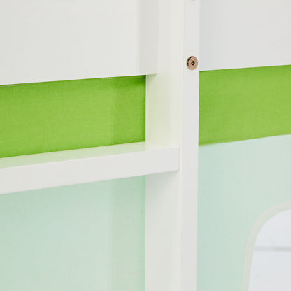 Hochbett Kinder 90x200 cm Weiss mit Vorhang in Grün | Tunnel | mit Lattenrost