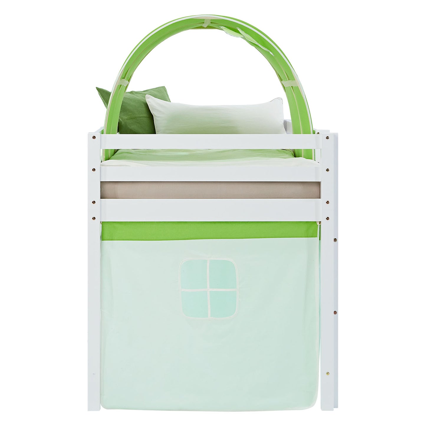 Hochbett Kinder 90x200 cm Weiss mit Vorhang in Grün | Tunnel | mit Lattenrost