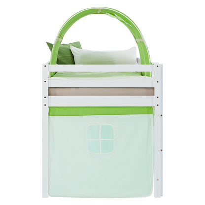 Hochbett Kinder 90x200 cm Weiss mit Vorhang in Grün | Tunnel | mit Lattenrost