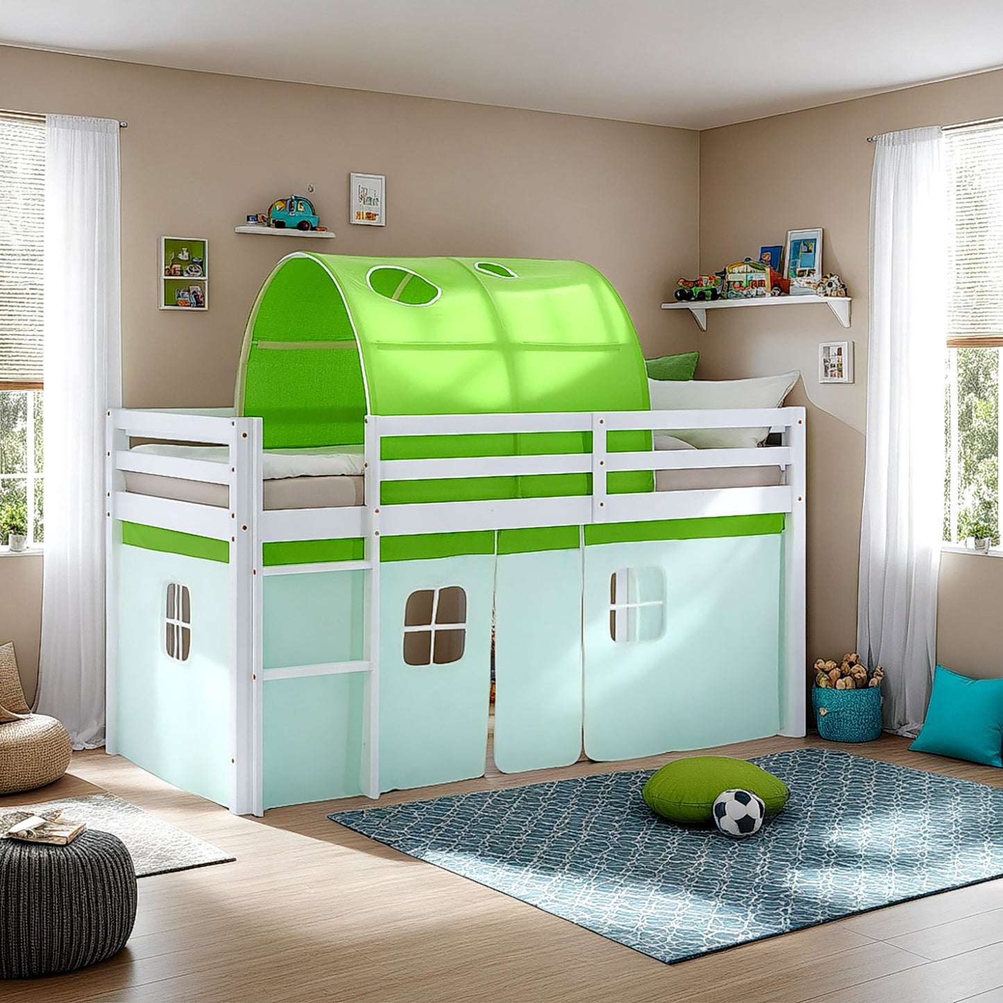 Hochbett Kinder 90x200 cm Weiss mit Vorhang in Grün | Tunnel | mit Lattenrost