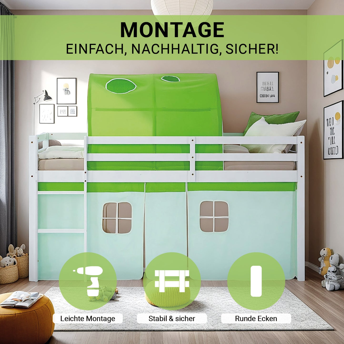 Hochbett Kinder 90x200 cm Weiss mit Vorhang in Grün | Tunnel | mit Lattenrost