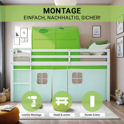 Hochbett Kinder 90x200 cm Weiss mit Vorhang in Grün | Tunnel | mit Lattenrost